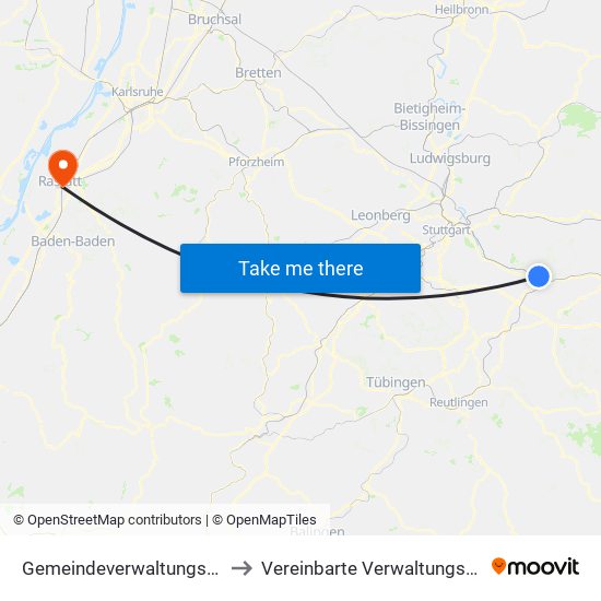 Gemeindeverwaltungsverband Plochingen to Vereinbarte Verwaltungsgemeinschaft Rastatt map