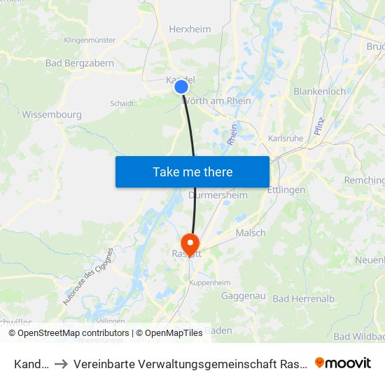Kandel to Vereinbarte Verwaltungsgemeinschaft Rastatt map