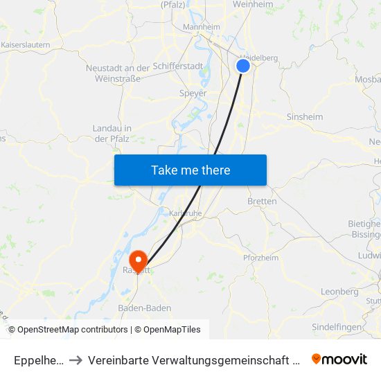 Eppelheim to Vereinbarte Verwaltungsgemeinschaft Rastatt map