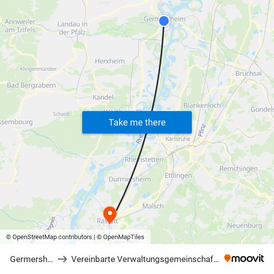 Germersheim to Vereinbarte Verwaltungsgemeinschaft Rastatt map