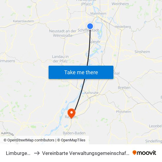 Limburgerhof to Vereinbarte Verwaltungsgemeinschaft Rastatt map