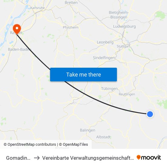 Gomadingen to Vereinbarte Verwaltungsgemeinschaft Rastatt map