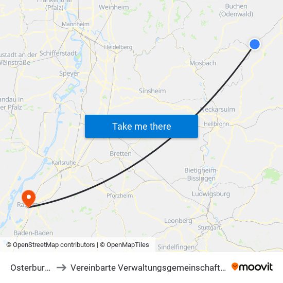 Osterburken to Vereinbarte Verwaltungsgemeinschaft Rastatt map