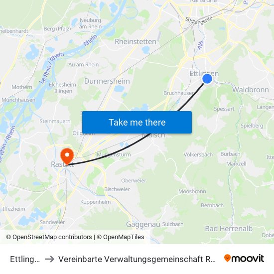 Ettlingen to Vereinbarte Verwaltungsgemeinschaft Rastatt map