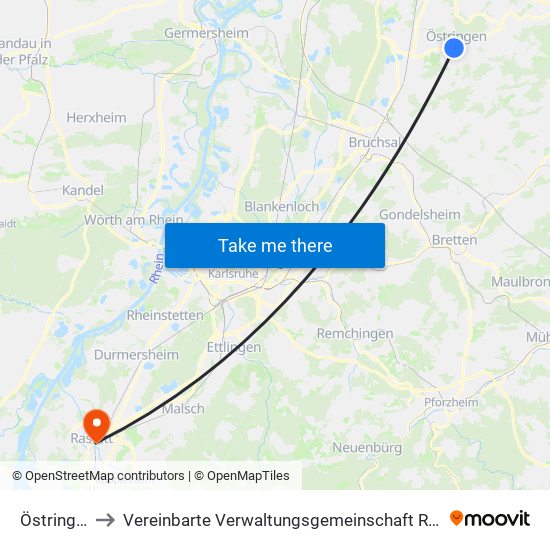 Östringen to Vereinbarte Verwaltungsgemeinschaft Rastatt map