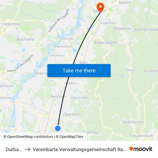 Durbach to Vereinbarte Verwaltungsgemeinschaft Rastatt map
