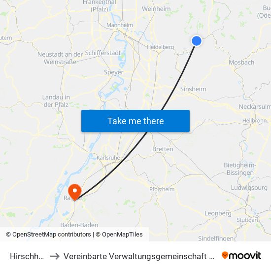 Hirschhorn to Vereinbarte Verwaltungsgemeinschaft Rastatt map