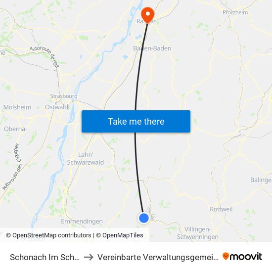 Schonach Im Schwarzwald to Vereinbarte Verwaltungsgemeinschaft Rastatt map