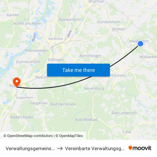 Verwaltungsgemeinschaft Maulbronn to Vereinbarte Verwaltungsgemeinschaft Rastatt map