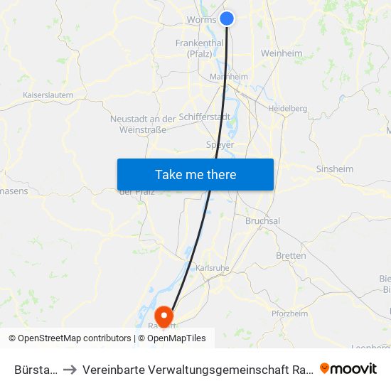 Bürstadt to Vereinbarte Verwaltungsgemeinschaft Rastatt map