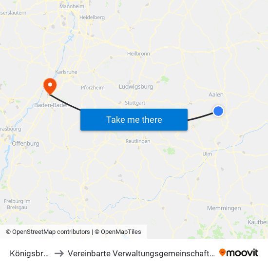 Königsbronn to Vereinbarte Verwaltungsgemeinschaft Rastatt map
