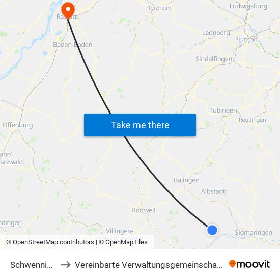 Schwenningen to Vereinbarte Verwaltungsgemeinschaft Rastatt map