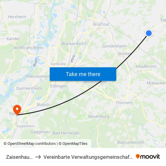 Zaisenhausen to Vereinbarte Verwaltungsgemeinschaft Rastatt map