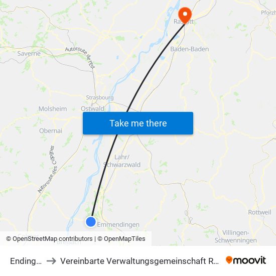 Endingen to Vereinbarte Verwaltungsgemeinschaft Rastatt map