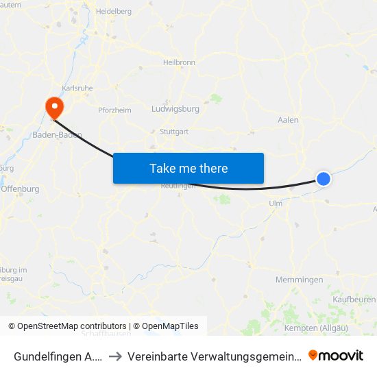 Gundelfingen A.D.Donau to Vereinbarte Verwaltungsgemeinschaft Rastatt map