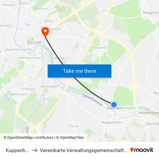 Kuppenheim to Vereinbarte Verwaltungsgemeinschaft Rastatt map