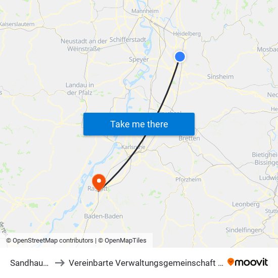 Sandhausen to Vereinbarte Verwaltungsgemeinschaft Rastatt map