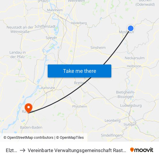 Elztal to Vereinbarte Verwaltungsgemeinschaft Rastatt map