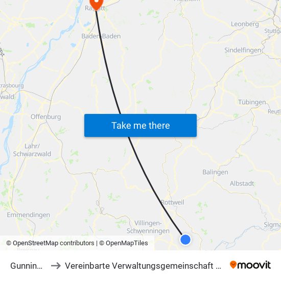 Gunningen to Vereinbarte Verwaltungsgemeinschaft Rastatt map