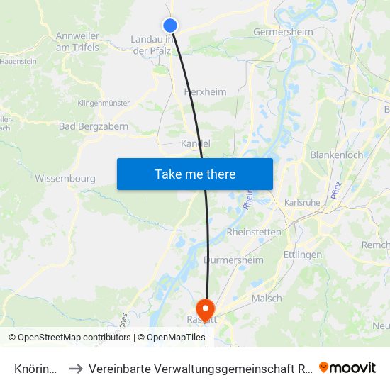 Knöringen to Vereinbarte Verwaltungsgemeinschaft Rastatt map