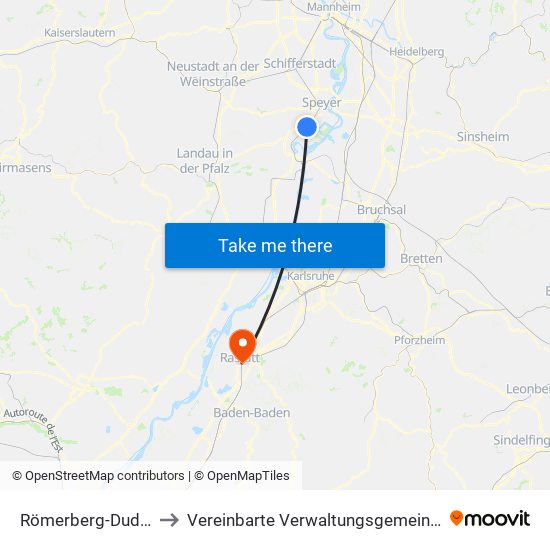 Römerberg-Dudenhofen to Vereinbarte Verwaltungsgemeinschaft Rastatt map