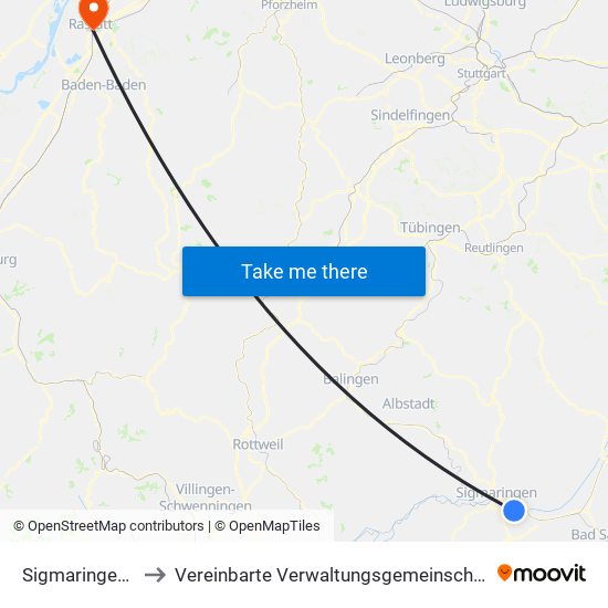 Sigmaringendorf to Vereinbarte Verwaltungsgemeinschaft Rastatt map