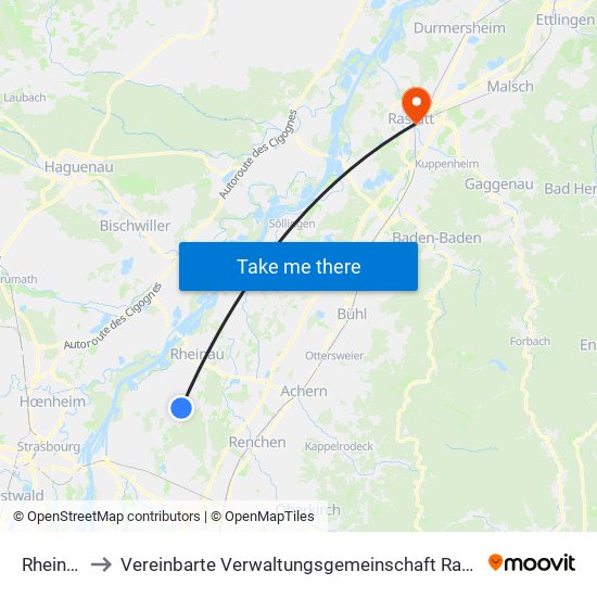 Rheinau to Vereinbarte Verwaltungsgemeinschaft Rastatt map