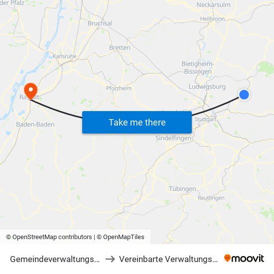 Gemeindeverwaltungsverband Winnenden to Vereinbarte Verwaltungsgemeinschaft Rastatt map