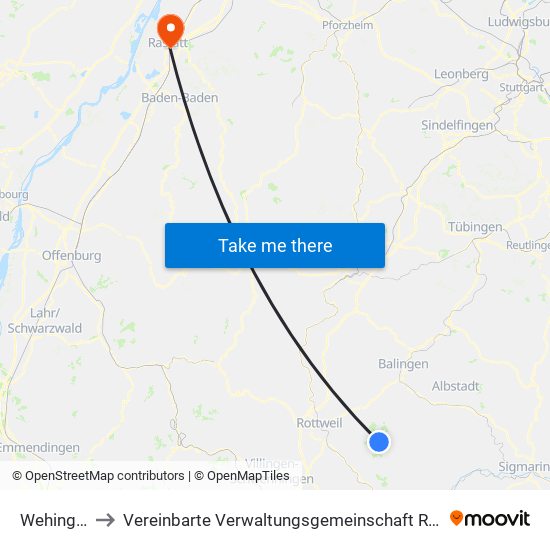 Wehingen to Vereinbarte Verwaltungsgemeinschaft Rastatt map