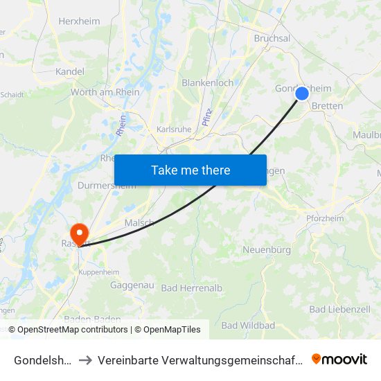 Gondelsheim to Vereinbarte Verwaltungsgemeinschaft Rastatt map