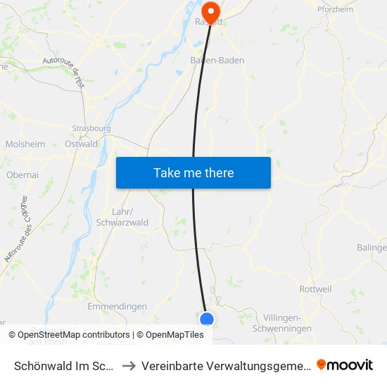 Schönwald Im Schwarzwald to Vereinbarte Verwaltungsgemeinschaft Rastatt map