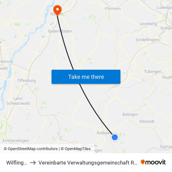 Wilflingen to Vereinbarte Verwaltungsgemeinschaft Rastatt map