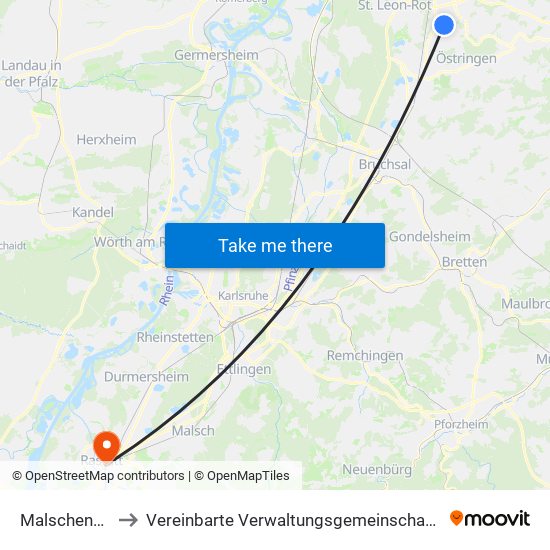 Malschenberg to Vereinbarte Verwaltungsgemeinschaft Rastatt map