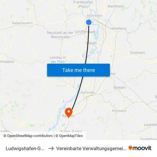 Ludwigshafen-Gartenstadt to Vereinbarte Verwaltungsgemeinschaft Rastatt map