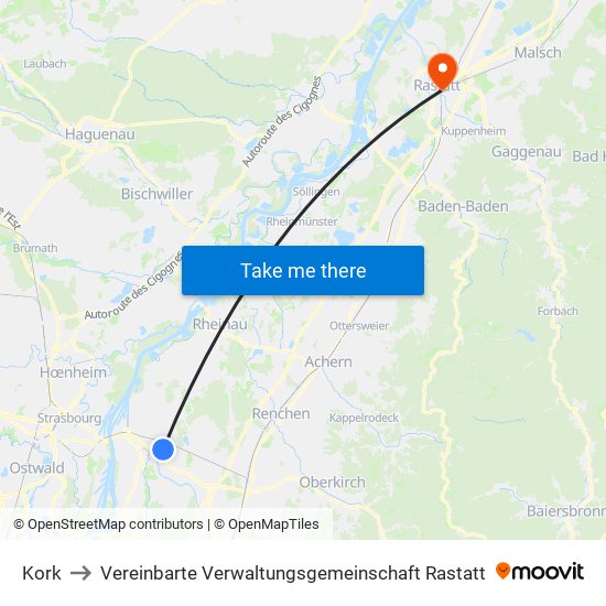 Kork to Vereinbarte Verwaltungsgemeinschaft Rastatt map