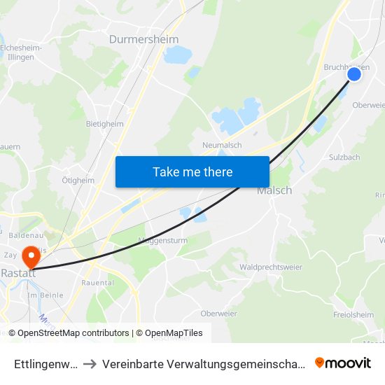 Ettlingenweier to Vereinbarte Verwaltungsgemeinschaft Rastatt map