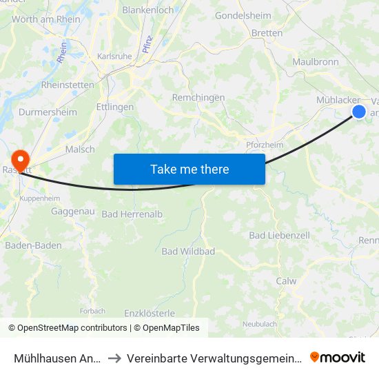 Mühlhausen An Der Enz to Vereinbarte Verwaltungsgemeinschaft Rastatt map