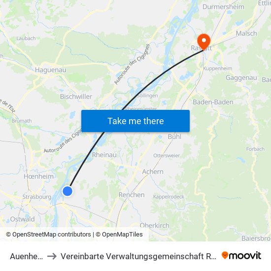 Auenheim to Vereinbarte Verwaltungsgemeinschaft Rastatt map