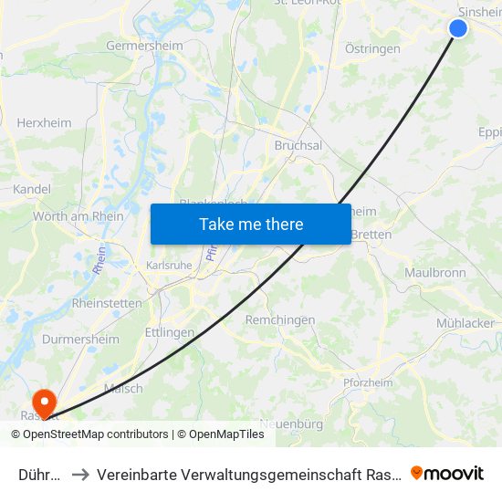 Dühren to Vereinbarte Verwaltungsgemeinschaft Rastatt map