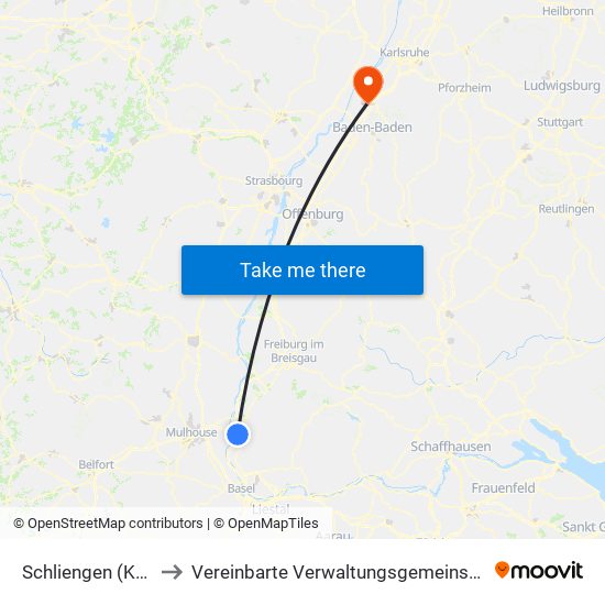 Schliengen (Kernort) to Vereinbarte Verwaltungsgemeinschaft Rastatt map