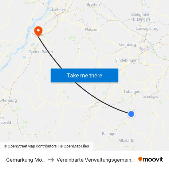 Gemarkung Mössingen to Vereinbarte Verwaltungsgemeinschaft Rastatt map