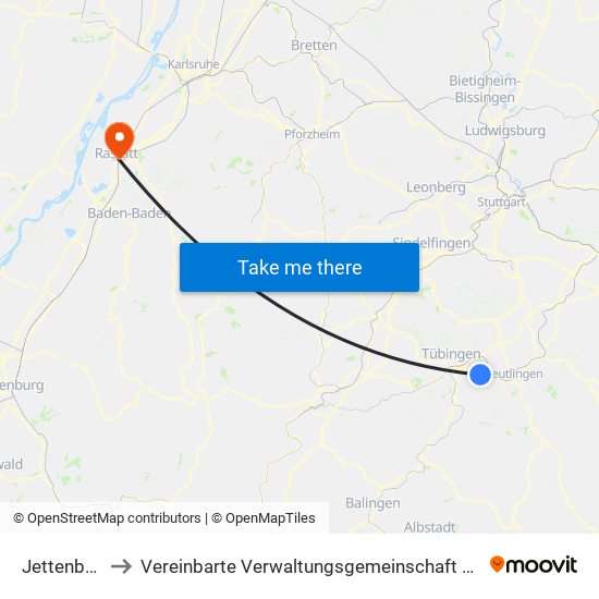 Jettenburg to Vereinbarte Verwaltungsgemeinschaft Rastatt map