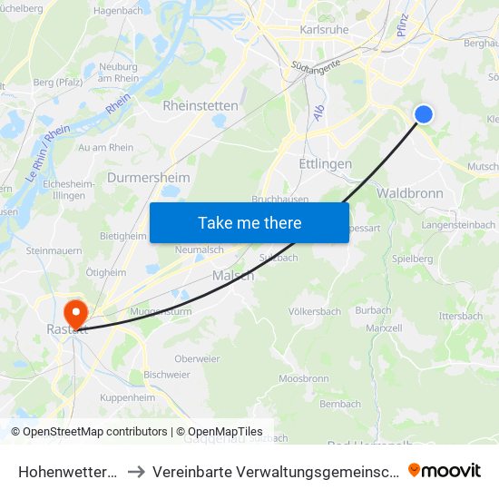 Hohenwettersbach to Vereinbarte Verwaltungsgemeinschaft Rastatt map