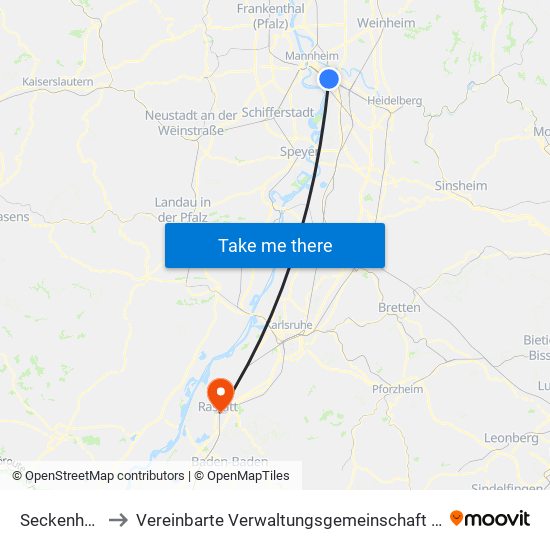 Seckenheim to Vereinbarte Verwaltungsgemeinschaft Rastatt map