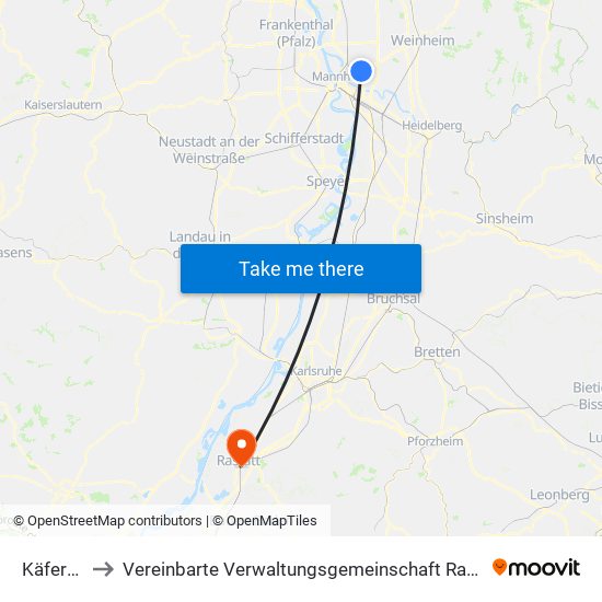 Käfertal to Vereinbarte Verwaltungsgemeinschaft Rastatt map