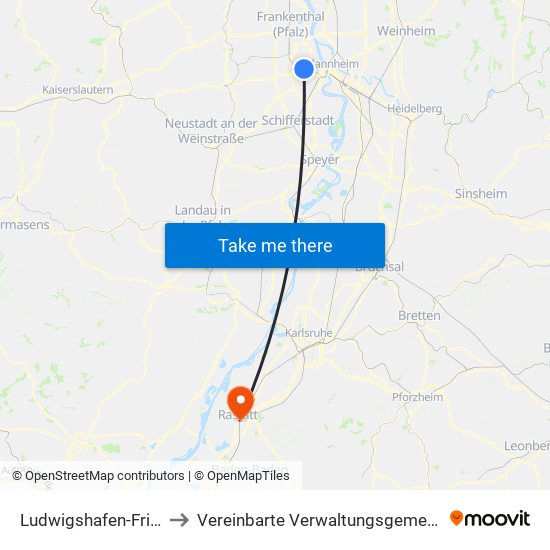 Ludwigshafen-Friesenheim to Vereinbarte Verwaltungsgemeinschaft Rastatt map