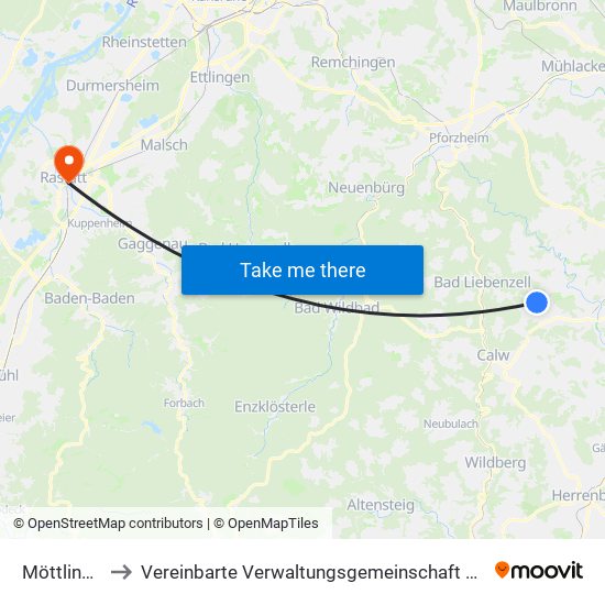 Möttlingen to Vereinbarte Verwaltungsgemeinschaft Rastatt map