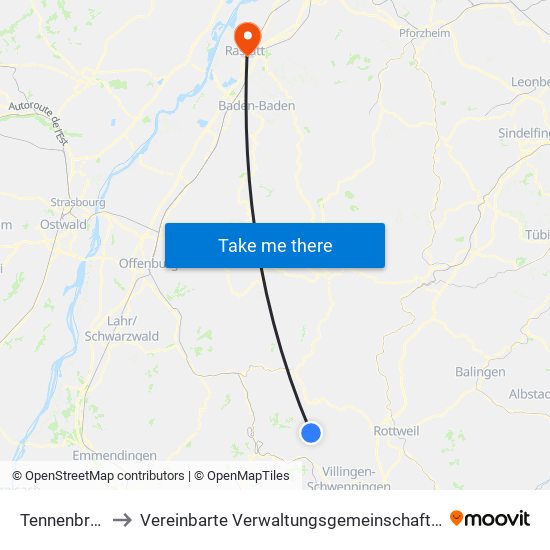 Tennenbronn to Vereinbarte Verwaltungsgemeinschaft Rastatt map