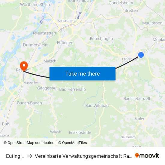 Eutingen to Vereinbarte Verwaltungsgemeinschaft Rastatt map