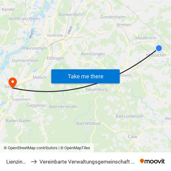 Lienzingen to Vereinbarte Verwaltungsgemeinschaft Rastatt map